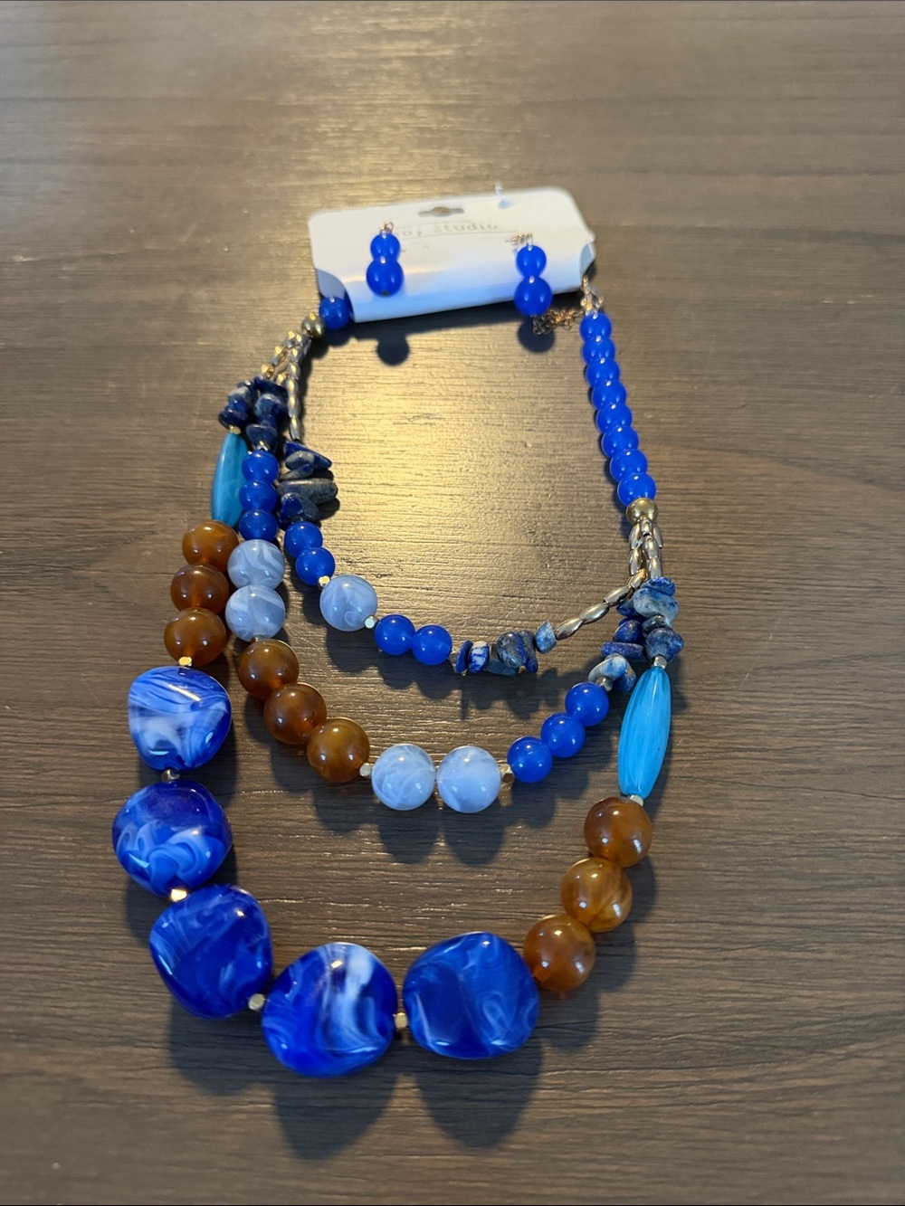 Blue Multistrand Beaded Necklace Set with Earrings - Women Jewelry